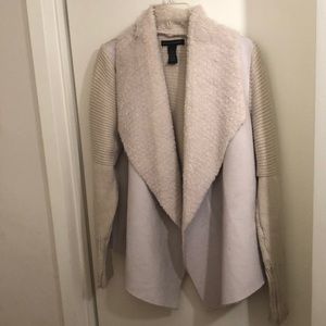 Sweater jacket with faux suede drape front